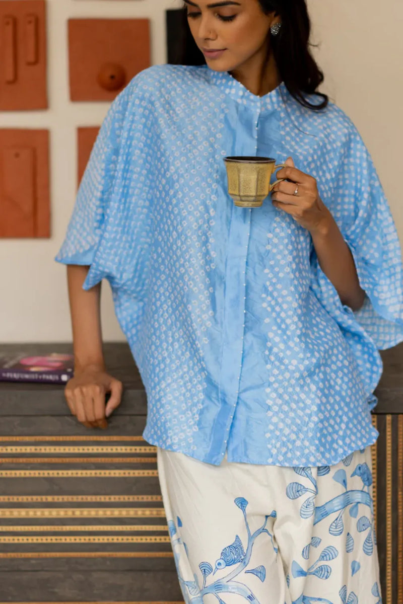 FLORA SHORT M KAF SHIRT-POWDER BLUE silk by Dyelogue in blue color for women Worldwide