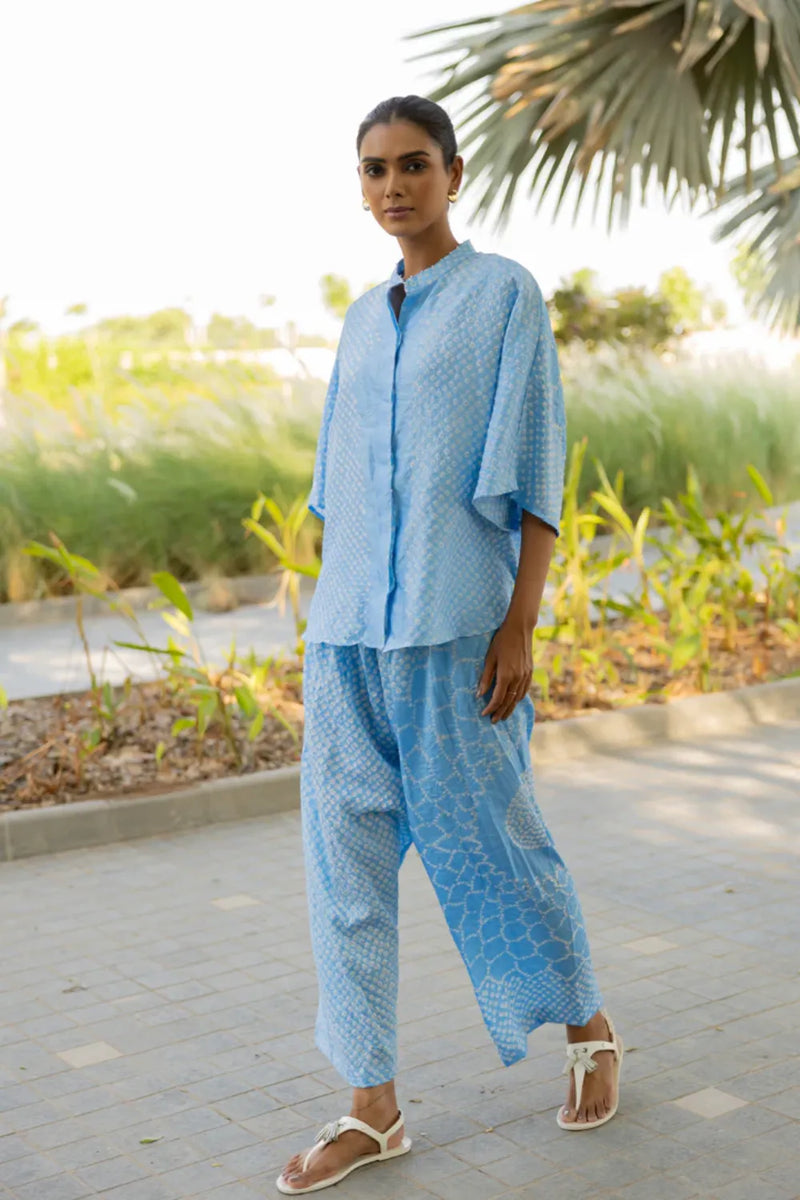 FLORA SHORT M KAF SHIRT-POWDER BLUE silk by Dyelogue in blue color for women Worldwide