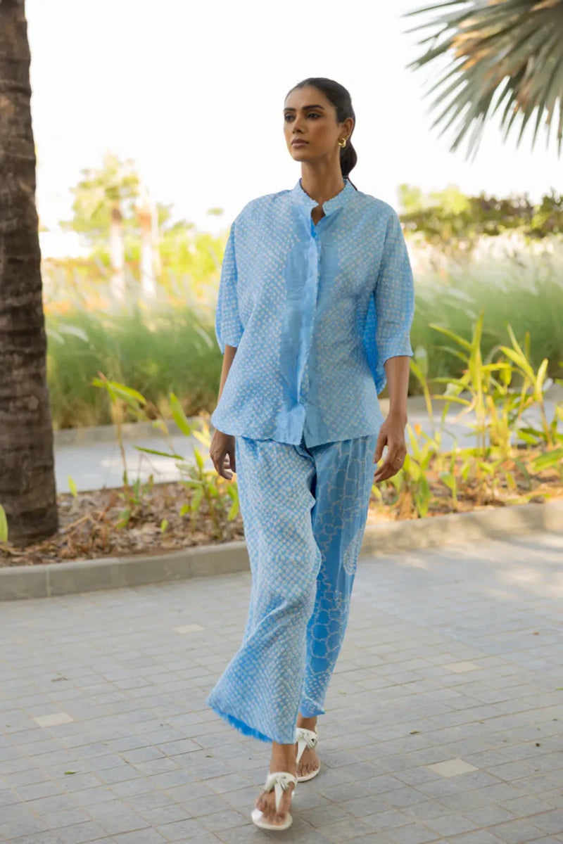 FLORA SHORT M KAF SHIRT-POWDER BLUE silk by Dyelogue in blue color for women Worldwide