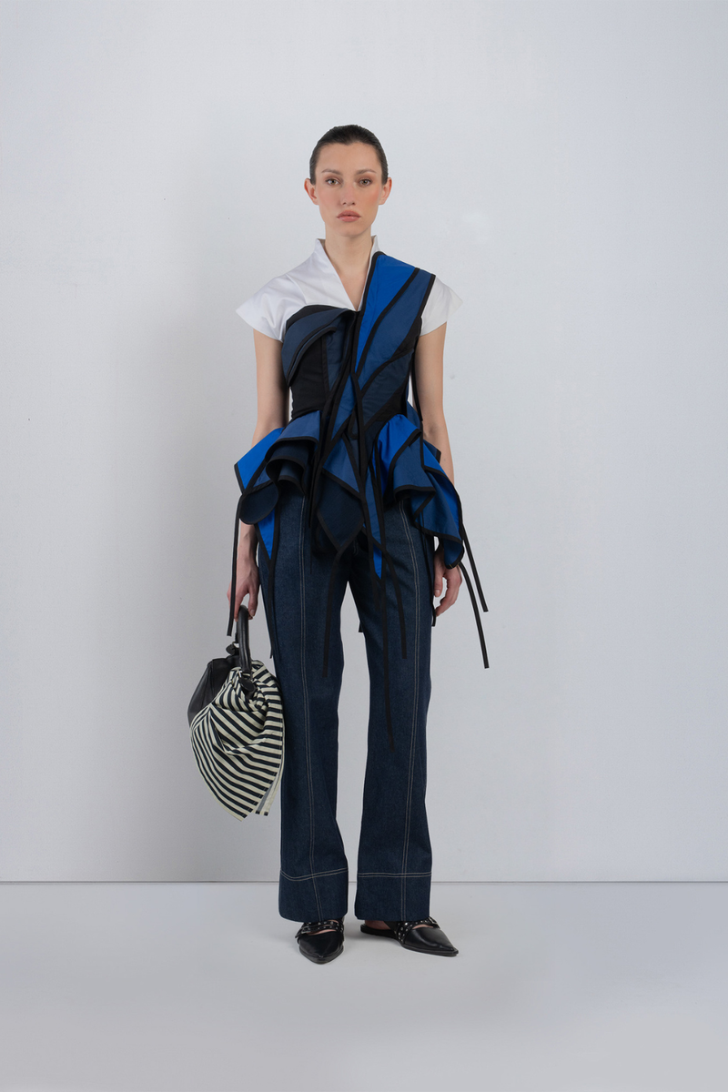 FLOTS LAYERED TOP - White + Shades of Navy/ Blue top/shirt by Leh Studios in white for women Worldwide