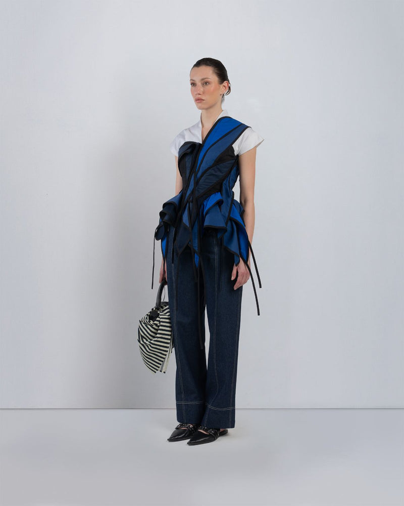 FLOTS LAYERED TOP - White + Shades of Navy/ Blue top/shirt by Leh Studios in white for women Worldwide