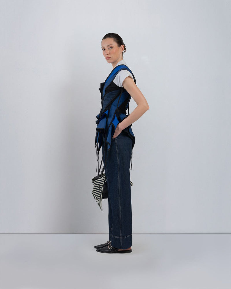 FLOTS LAYERED TOP - White + Shades of Navy/ Blue top/shirt by Leh Studios in white for women Worldwide