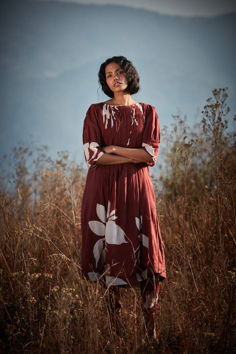 Brick Floral Co-ord set cotton by Khara Kapas in rust for women Worldwide