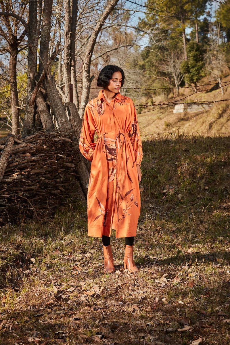 Saffron Parkha dress cotton by Khara Kapas in orange for women Worldwide