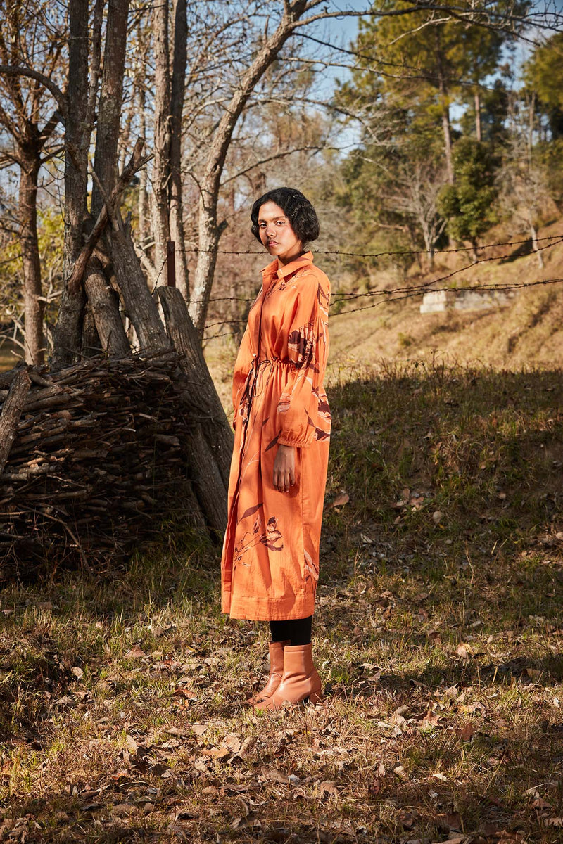 Saffron Parkha dress cotton by Khara Kapas in orange for women Worldwide