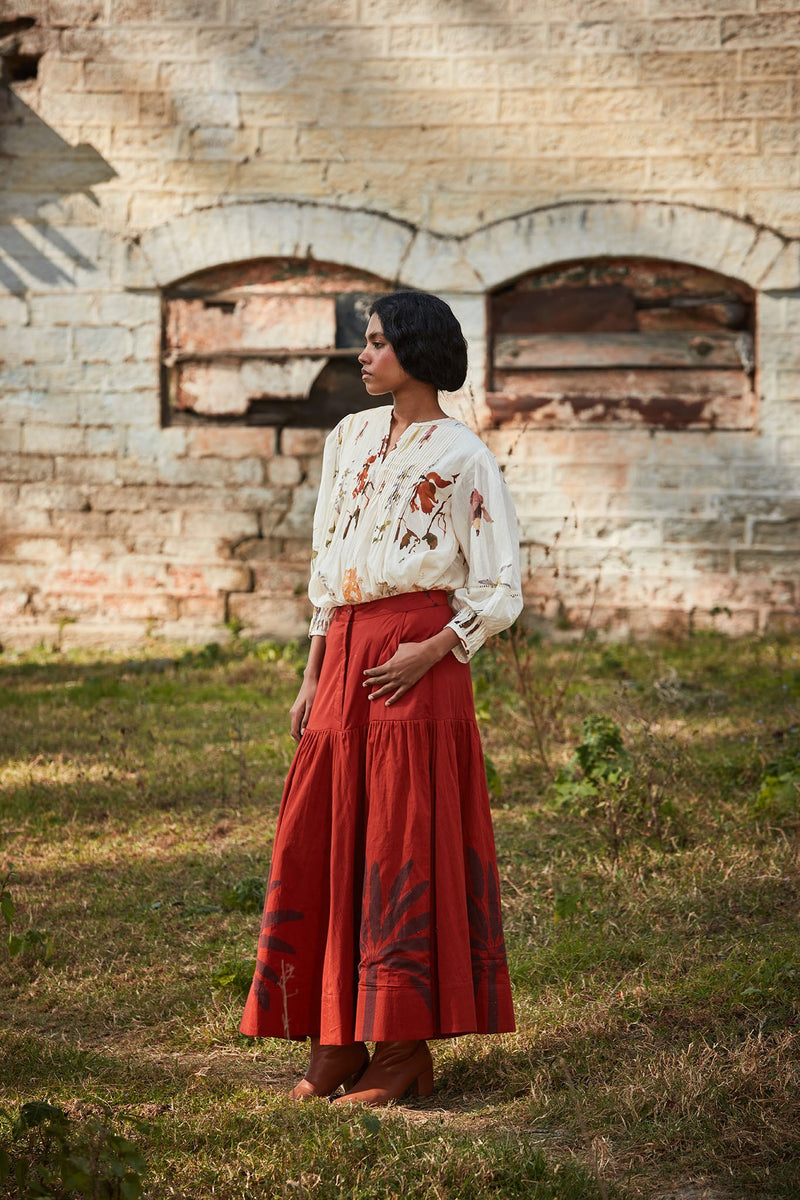 Rustic Reverie Skirt cotton by Khara Kapas in rust for women Worldwide