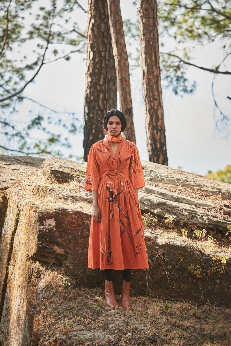 Sunset in the mountains dress cotton by Khara Kapas in orange for women Worldwide