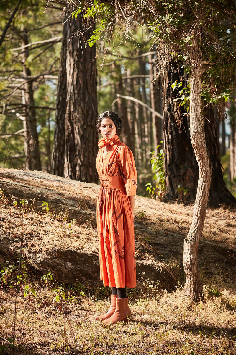 Sunset in the mountains dress cotton by Khara Kapas in orange for women Worldwide