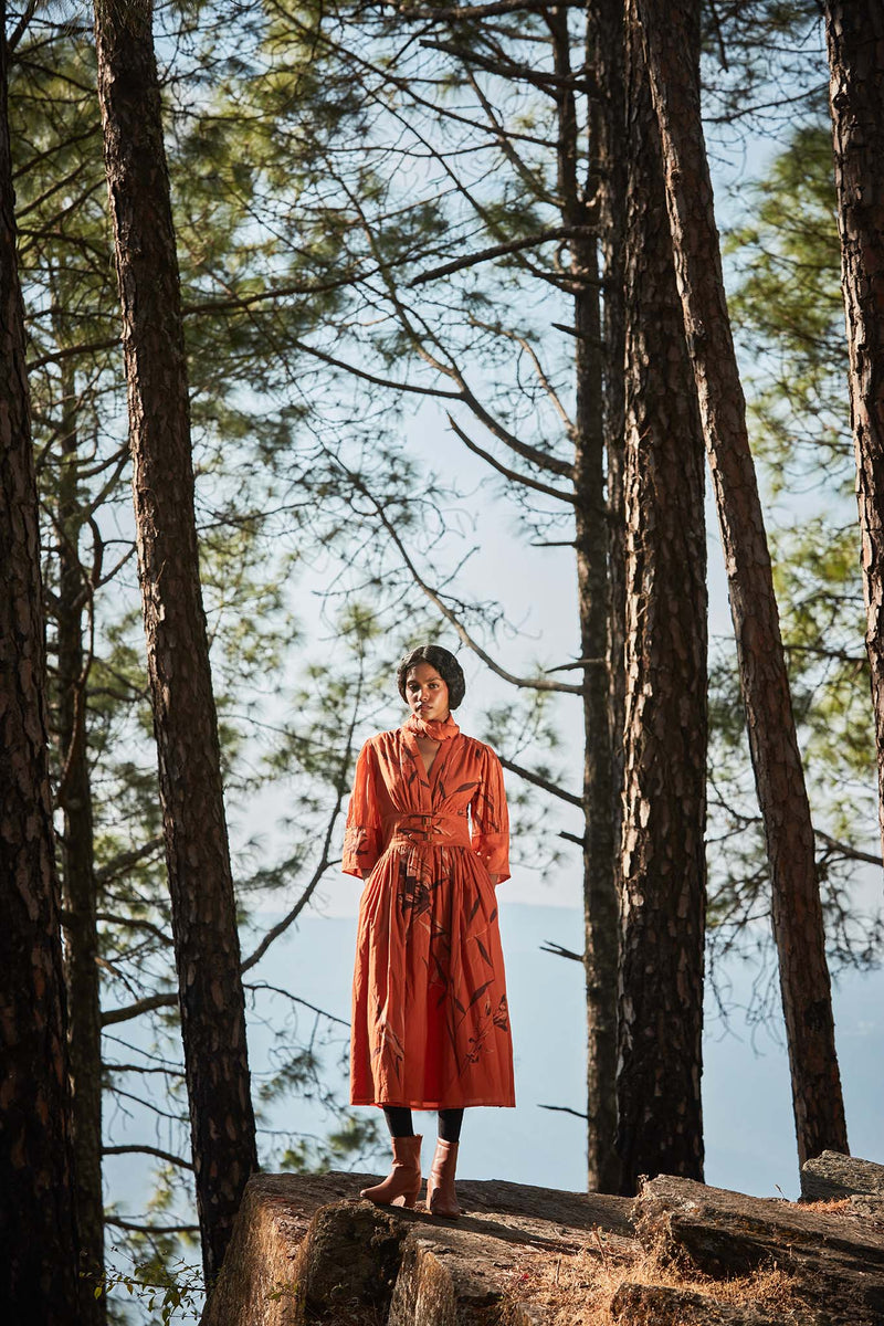 Sunset in the mountains dress cotton by Khara Kapas in orange for women Worldwide