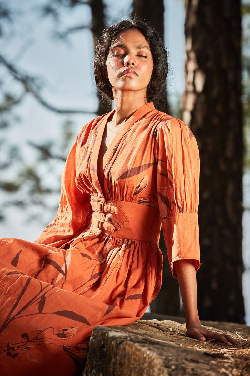 Sunset in the mountains dress cotton by Khara Kapas in orange for women Worldwide