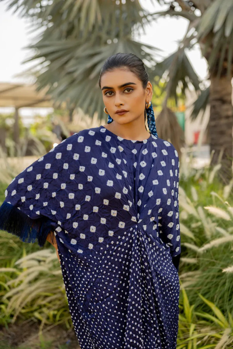 FRINGE KAFTAN-DARK BLUE silk by Dyelogue in blue color for women Worldwide