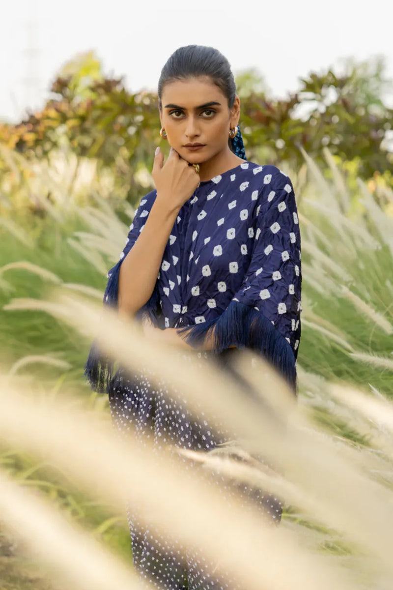 FRINGE KAFTAN-DARK BLUE silk by Dyelogue in blue color for women Worldwide