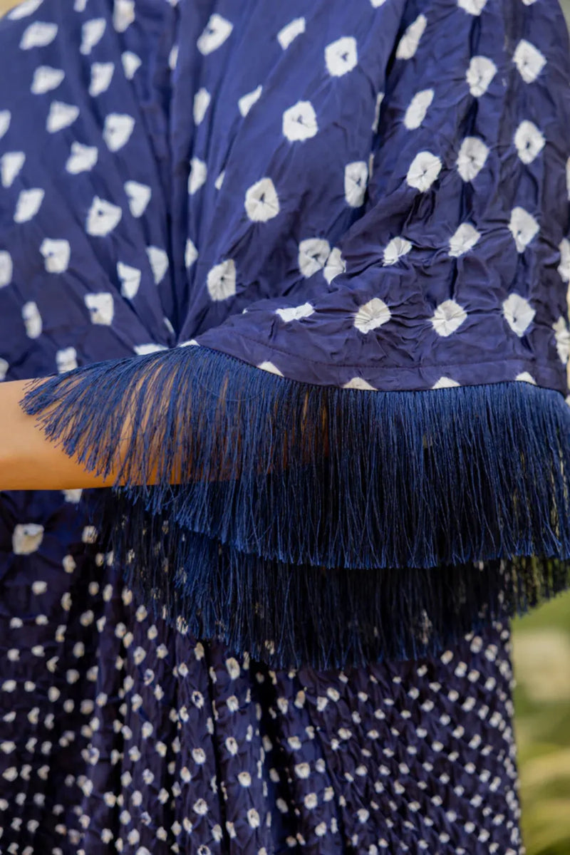 FRINGE KAFTAN-DARK BLUE silk by Dyelogue in blue color for women Worldwide