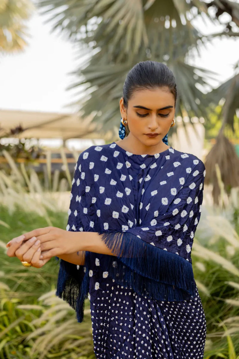 FRINGE KAFTAN-DARK BLUE silk by Dyelogue in blue color for women Worldwide