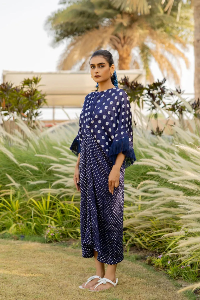 FRINGE KAFTAN-DARK BLUE silk by Dyelogue in blue color for women Worldwide