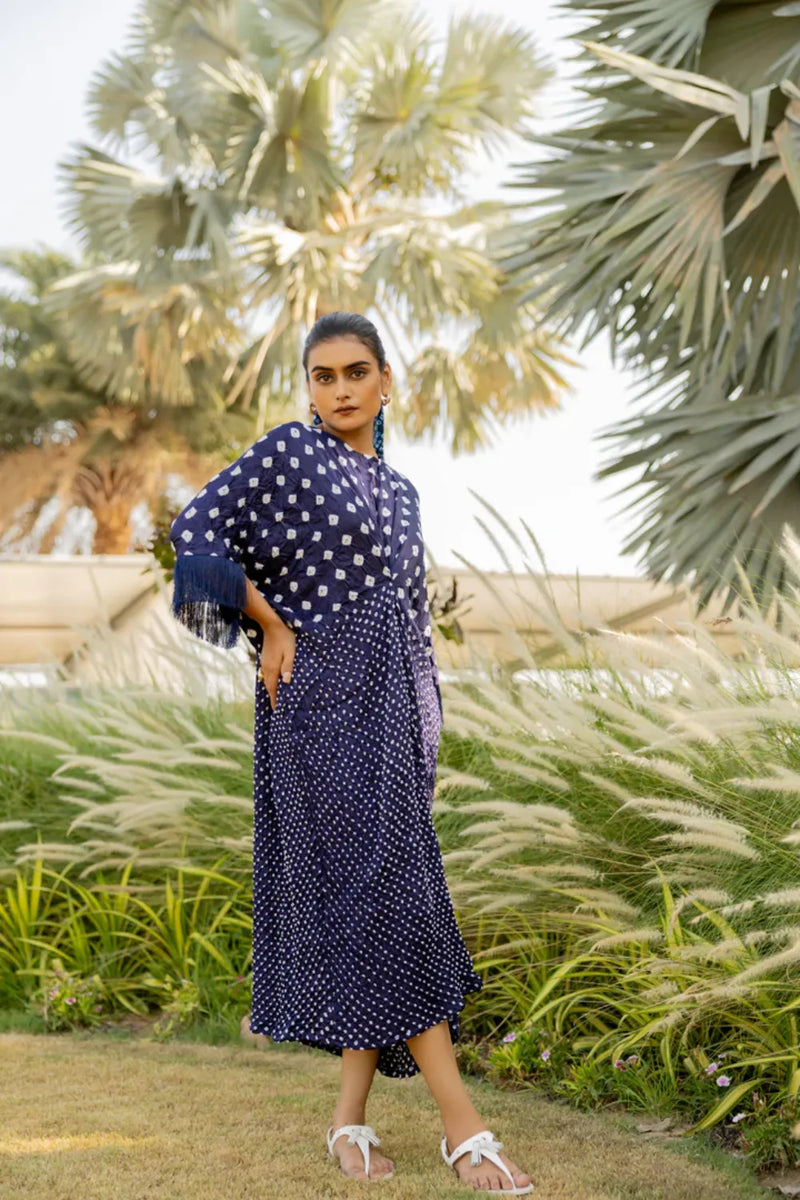 FRINGE KAFTAN-DARK BLUE silk by Dyelogue in blue color for women Worldwide