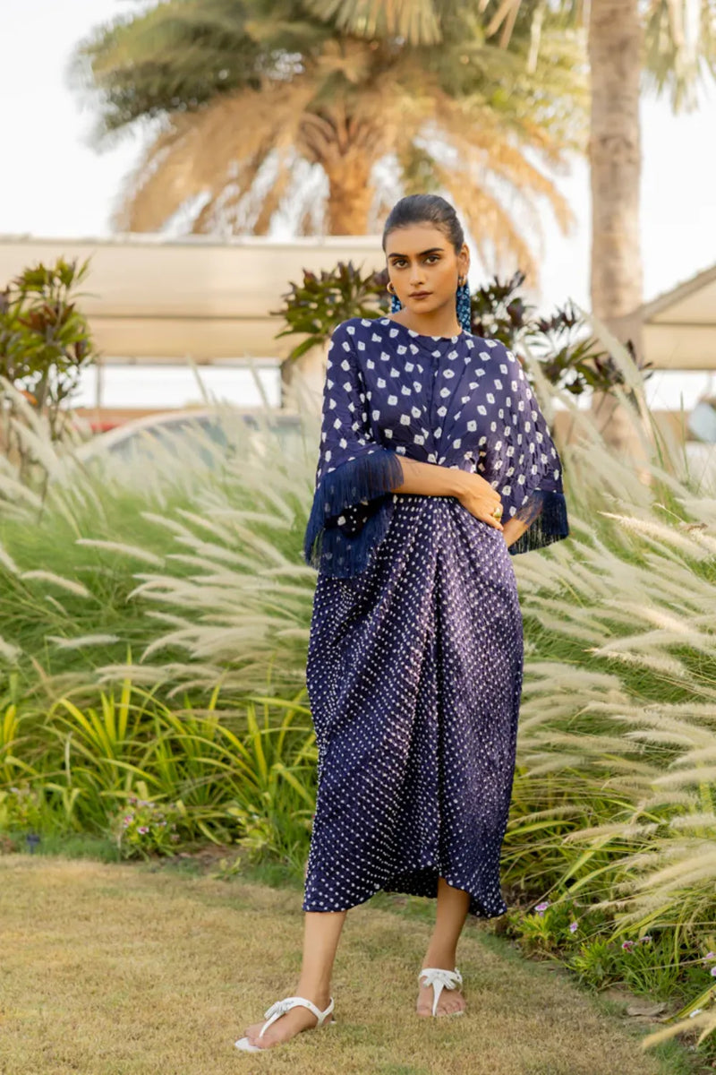 FRINGE KAFTAN-DARK BLUE silk by Dyelogue in blue color for women Worldwide