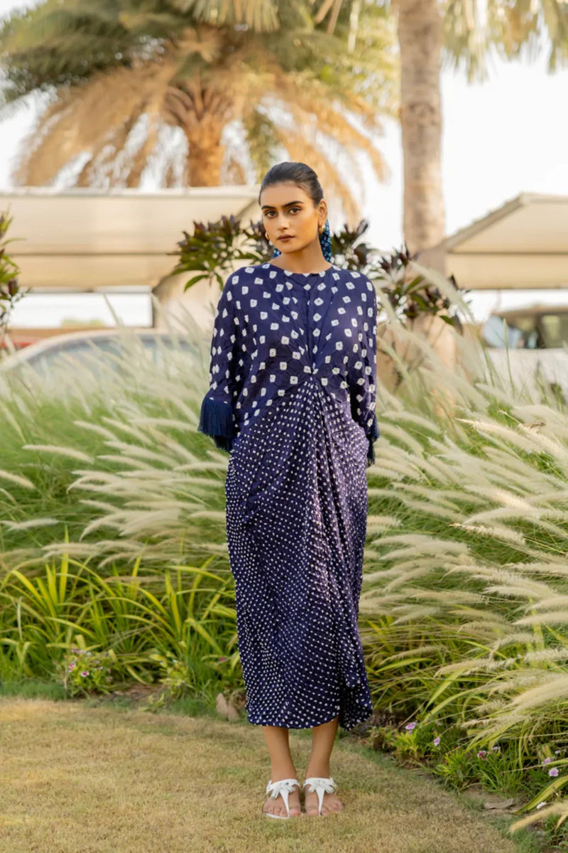 FRINGE KAFTAN-DARK BLUE silk by Dyelogue in blue color for women Worldwide