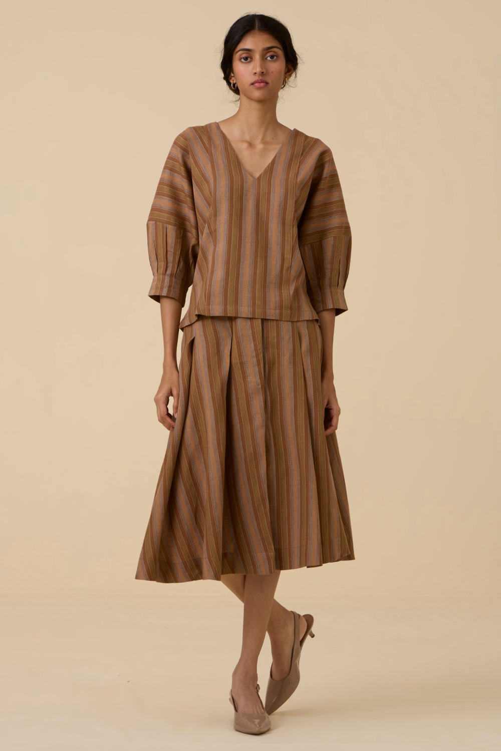 Faizaan Brown Stripe Pleated Skirt