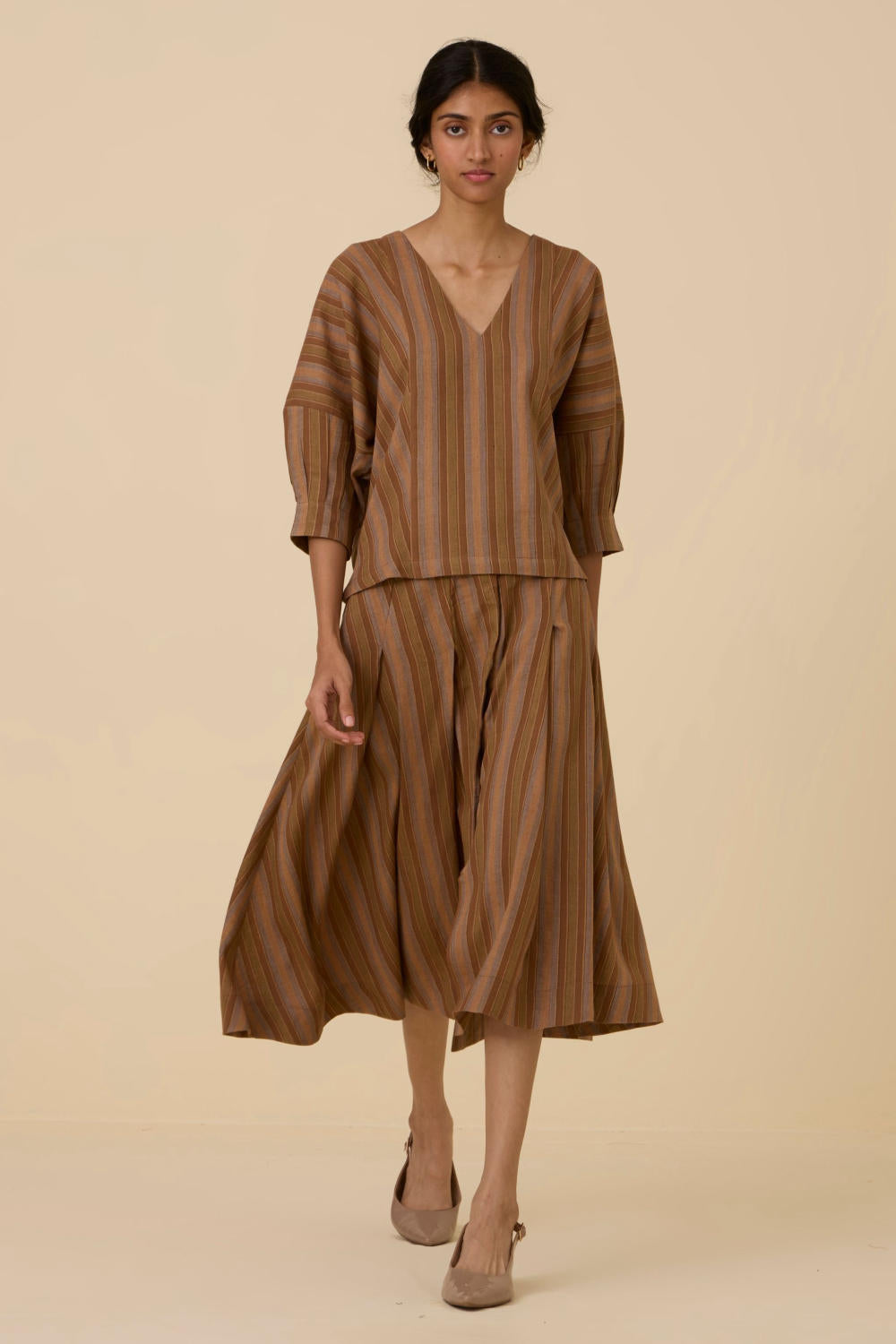 Faizaan Brown Stripe Pleated Skirt