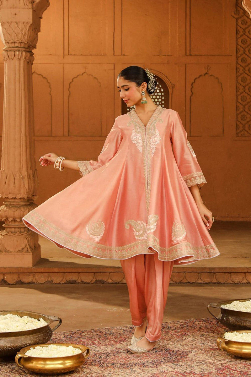 Fajr Short Anarkali with salwar and dupatta-Off-Rose silk by SHEETAL BATRA in pink color for women Worldwide