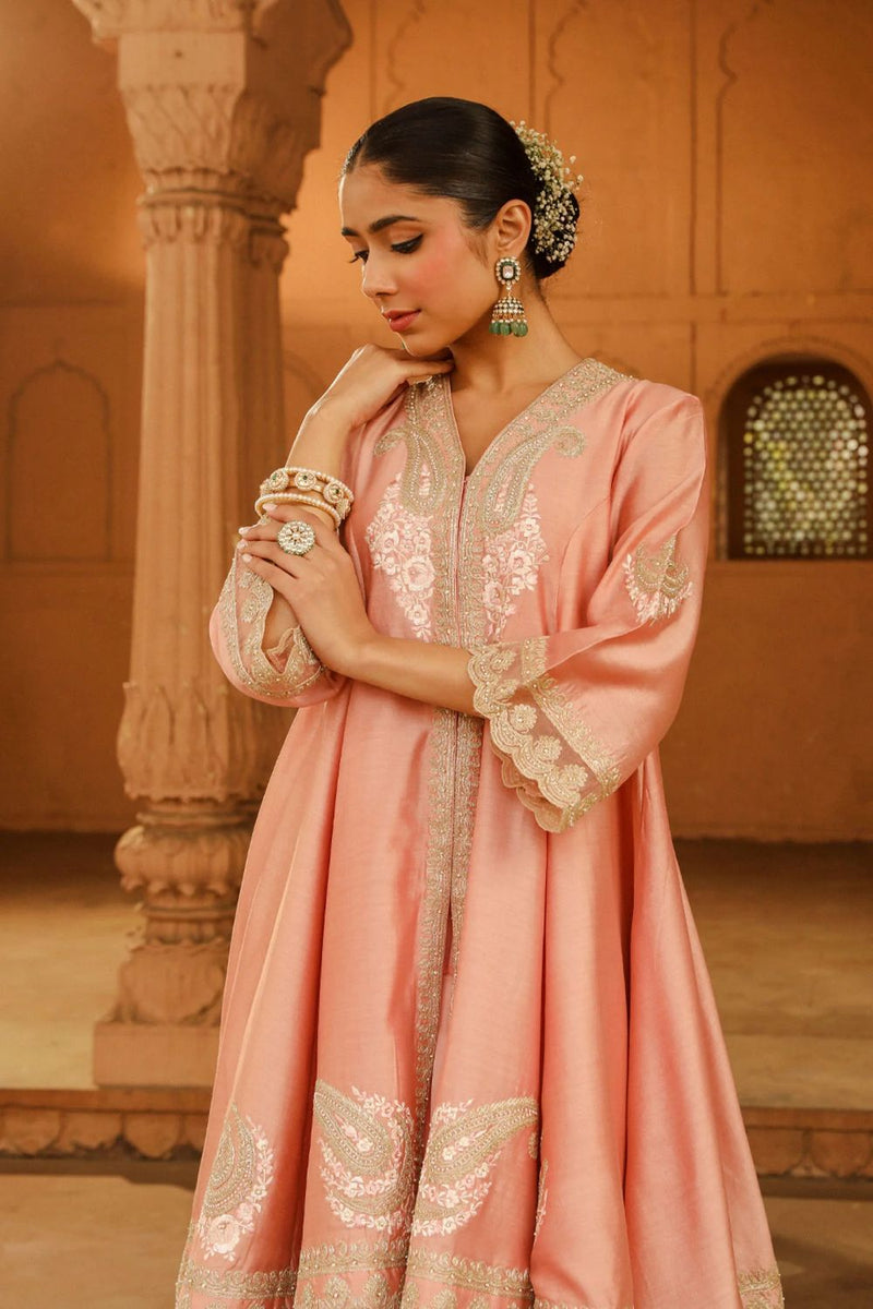 Fajr Short Anarkali with salwar and dupatta-Off-Rose silk by SHEETAL BATRA in pink color for women Worldwide
