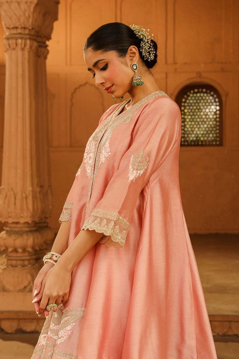 Fajr Short Anarkali with salwar and dupatta-Off-Rose silk by SHEETAL BATRA in pink color for women Worldwide