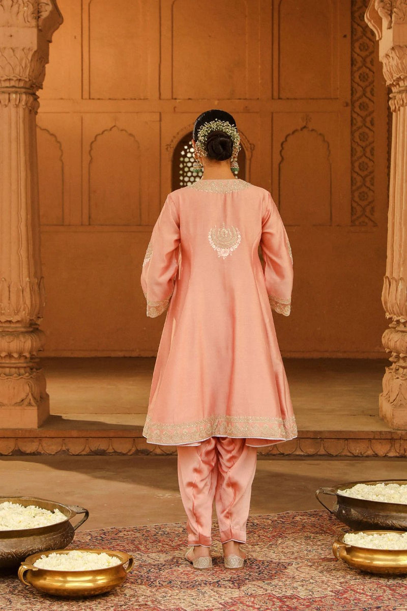 Fajr Short Anarkali with salwar and dupatta-Off-Rose silk by SHEETAL BATRA in pink color for women Worldwide