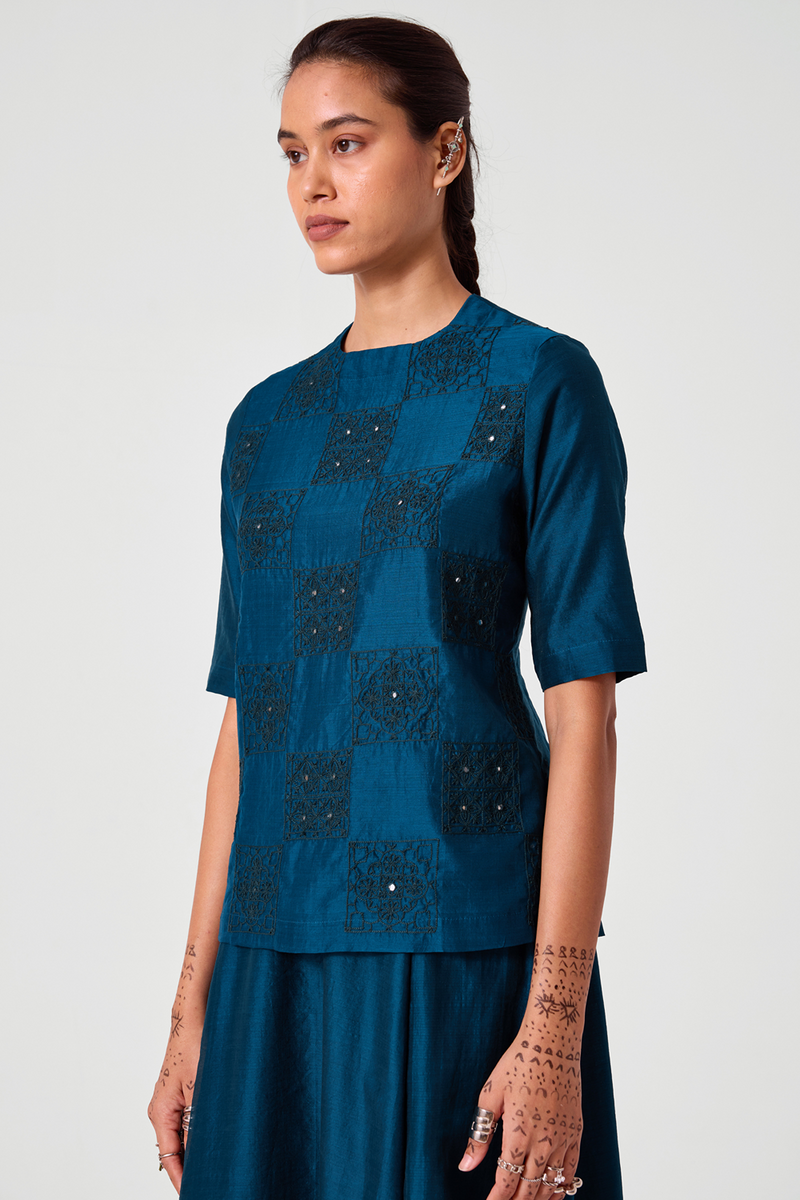 Falak Teal Handwoven Embroidered Top