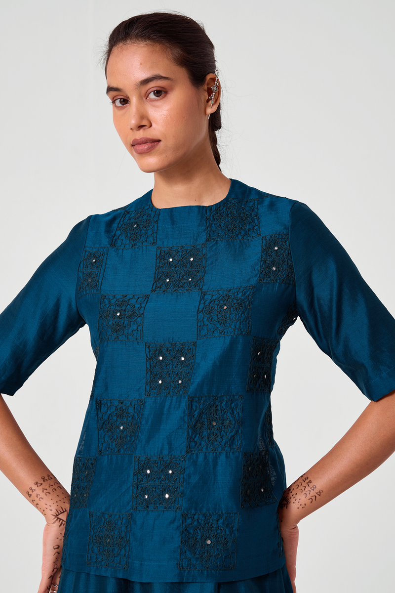 Falak Teal Handwoven Embroidered Top