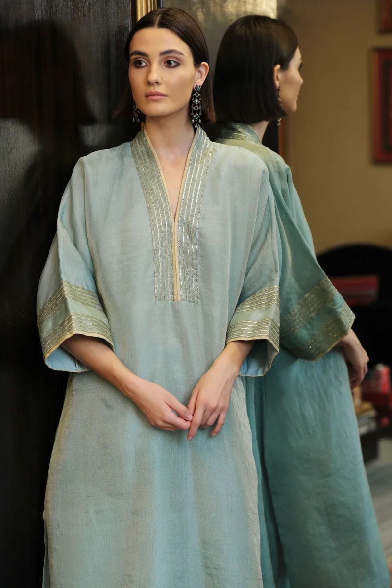 Falak' kora tissue phiran blue lagoon kora tissue kurta/kurta set by Malika Mathur in light blue for women Worldwide