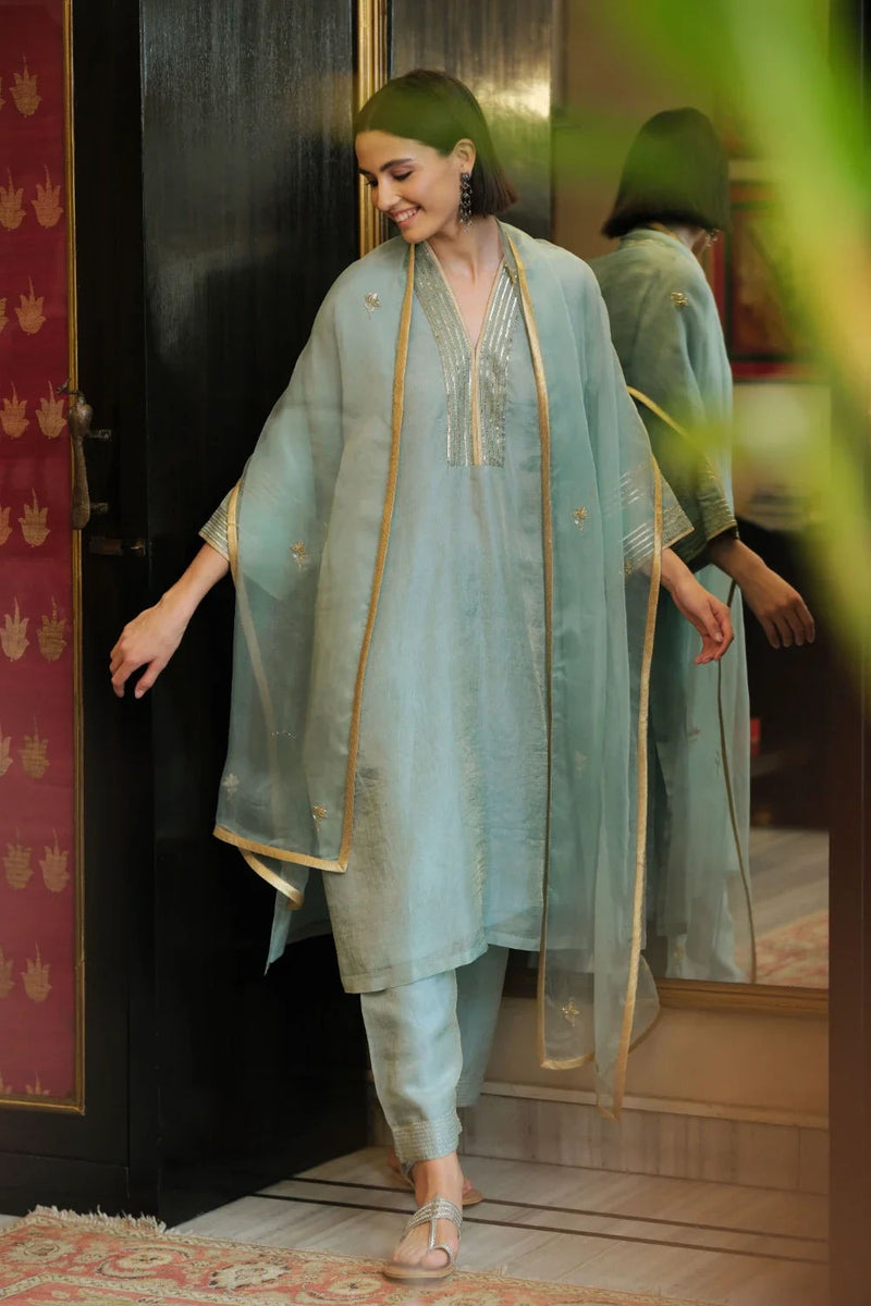 Falak' kora tissue phiran blue lagoon kora tissue kurta/kurta set by Malika Mathur in light blue for women Worldwide