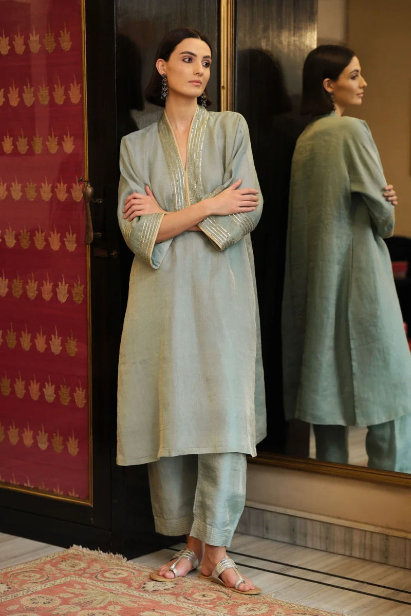 Falak' kora tissue phiran blue lagoon kora tissue kurta/kurta set by Malika Mathur in light blue for women Worldwide