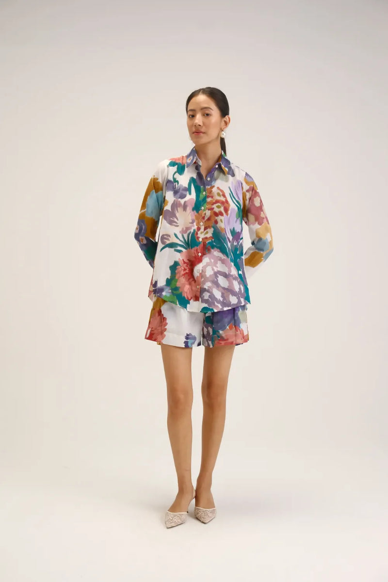 Farah White Shirt & Short Set cotton mulmul co-ord set by YAM in white for women Worldwide