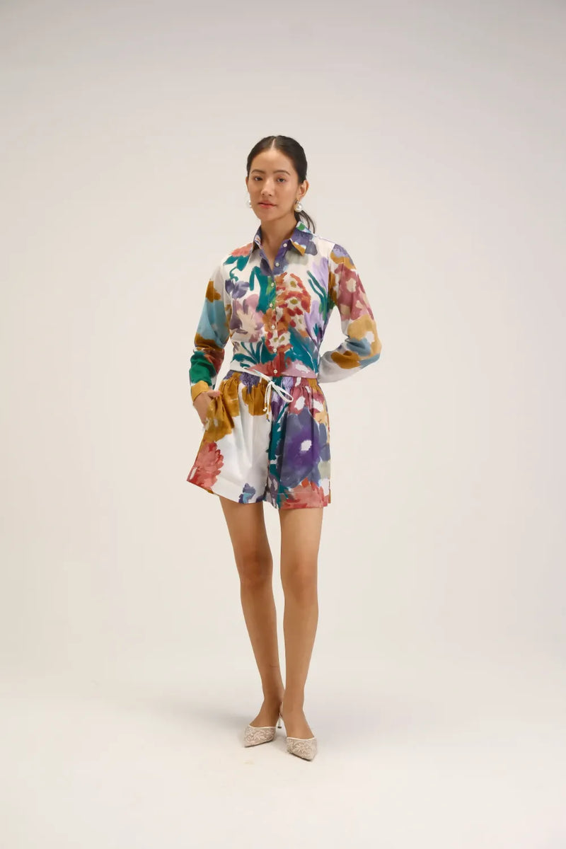 Farah White Shirt & Short Set cotton mulmul co-ord set by YAM in white for women Worldwide