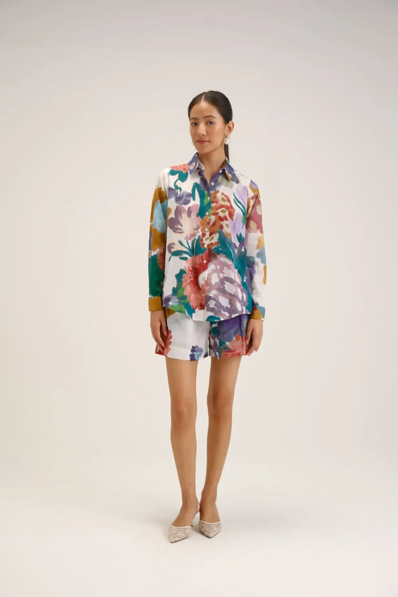 Farah White Shirt & Short Set cotton mulmul co-ord set by YAM in white for women Worldwide