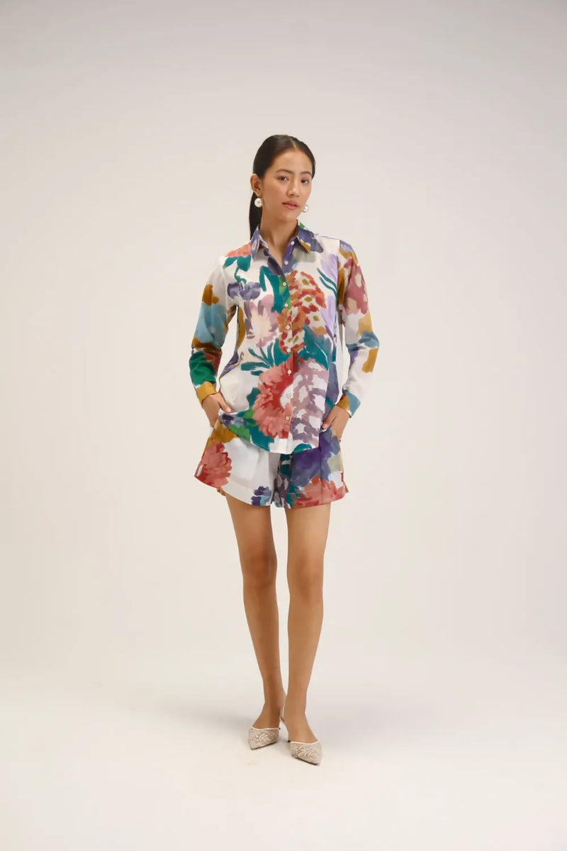 Farah White Shirt & Short Set cotton mulmul co-ord set by YAM in white for women Worldwide