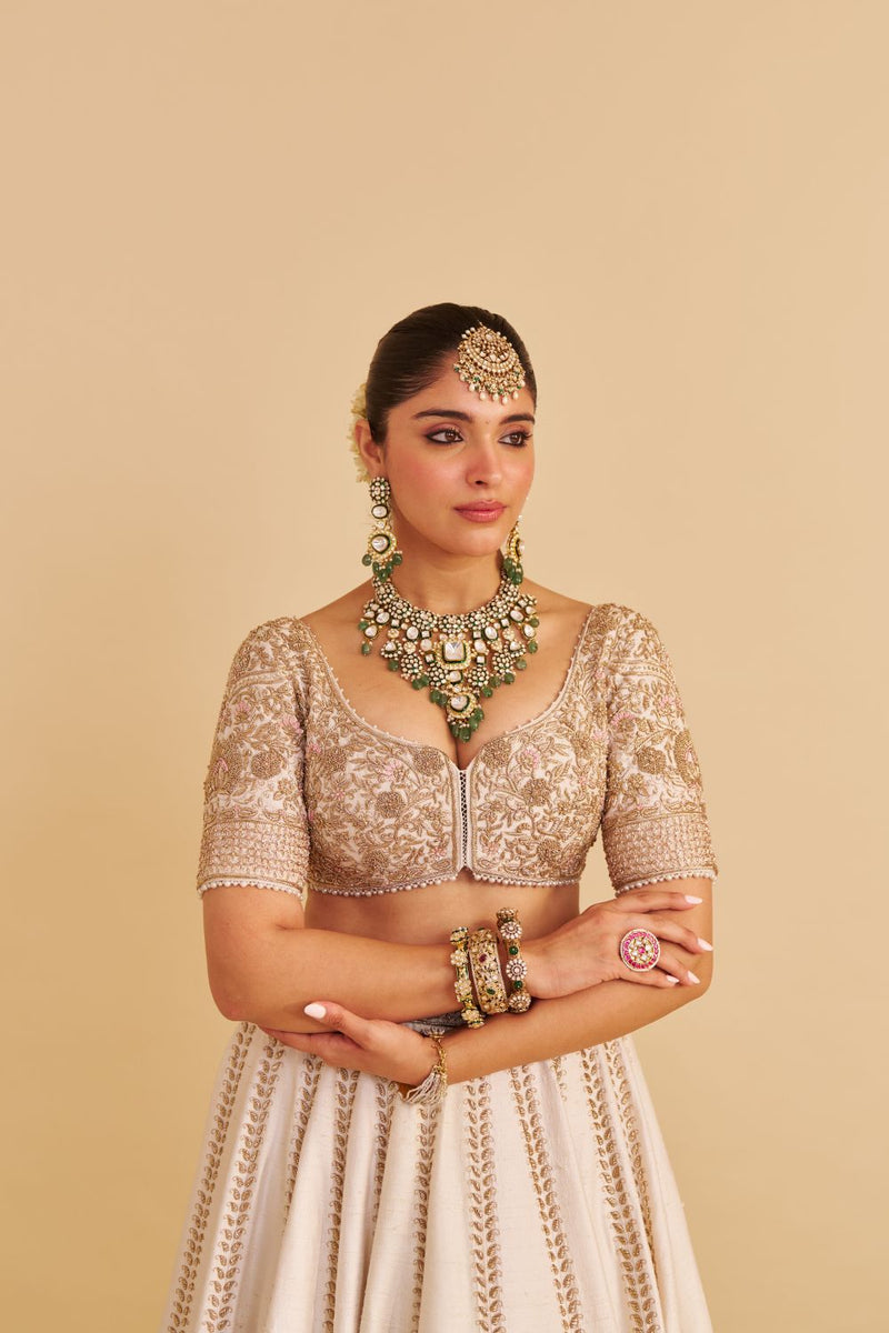 Farah - Dabka Zardozi Embroidered Pure Silk Daisy Ivory Lehenga Set silk by SHEETAL BATRA in blush color for women Worldwide