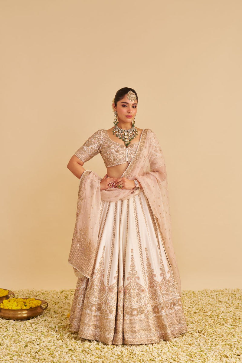 Farah - Dabka Zardozi Embroidered Pure Silk Daisy Ivory Lehenga Set silk by SHEETAL BATRA in blush color for women Worldwide