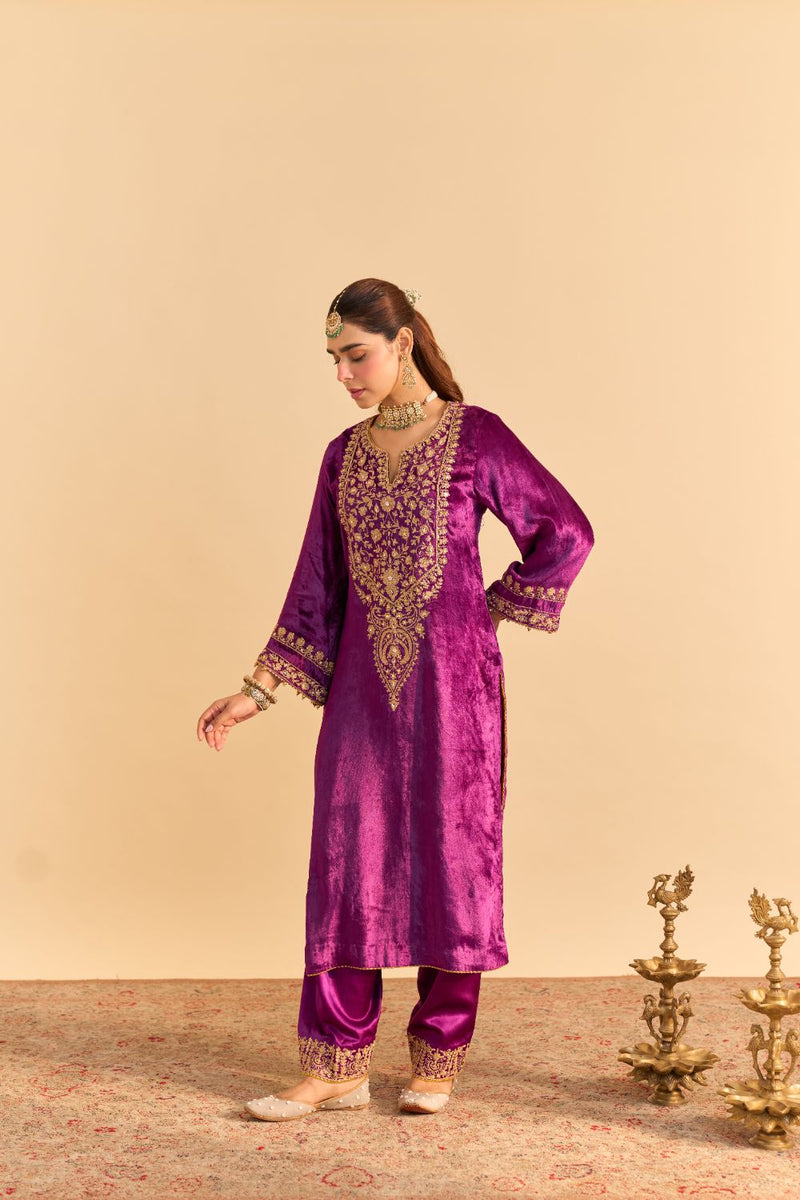 Fareeha - Deep Purple Kurta with Salwar and Dupatta silk by SHEETAL BATRA in purple color for women Worldwide
