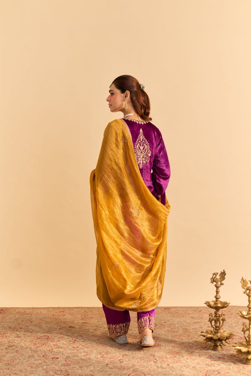 Fareeha - Deep Purple Kurta with Salwar and Dupatta silk by SHEETAL BATRA in purple color for women Worldwide