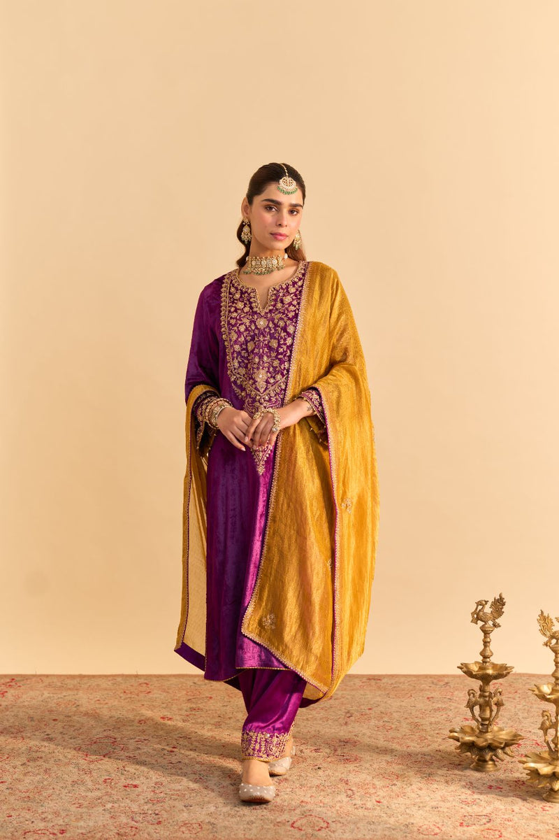 Fareeha - Deep Purple Kurta with Salwar and Dupatta silk by SHEETAL BATRA in purple color for women Worldwide