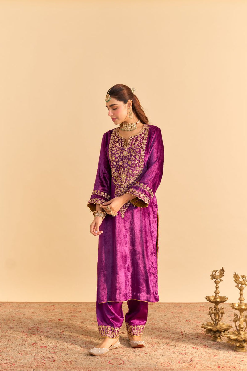 Fareeha - Deep Purple Kurta with Salwar and Dupatta silk by SHEETAL BATRA in purple color for women Worldwide