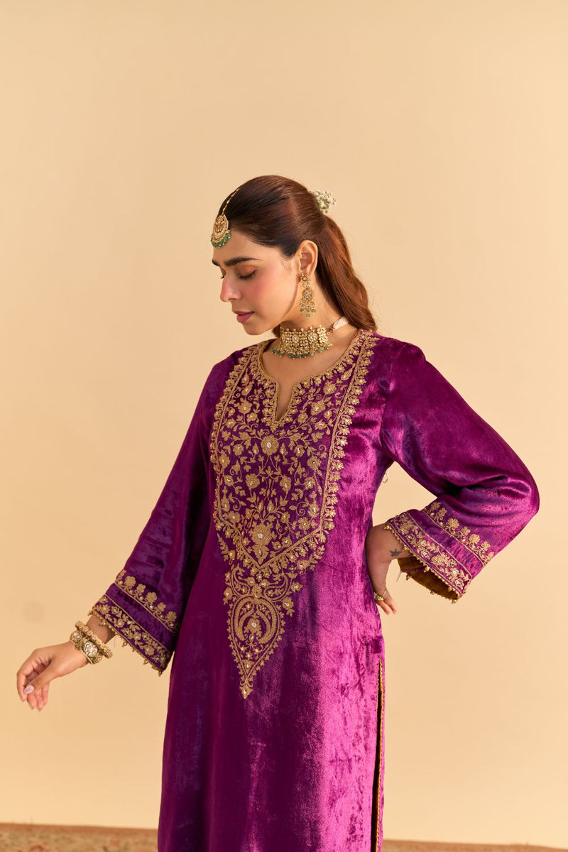 Fareeha - Deep Purple Kurta with Salwar and Dupatta silk by SHEETAL BATRA in purple color for women Worldwide