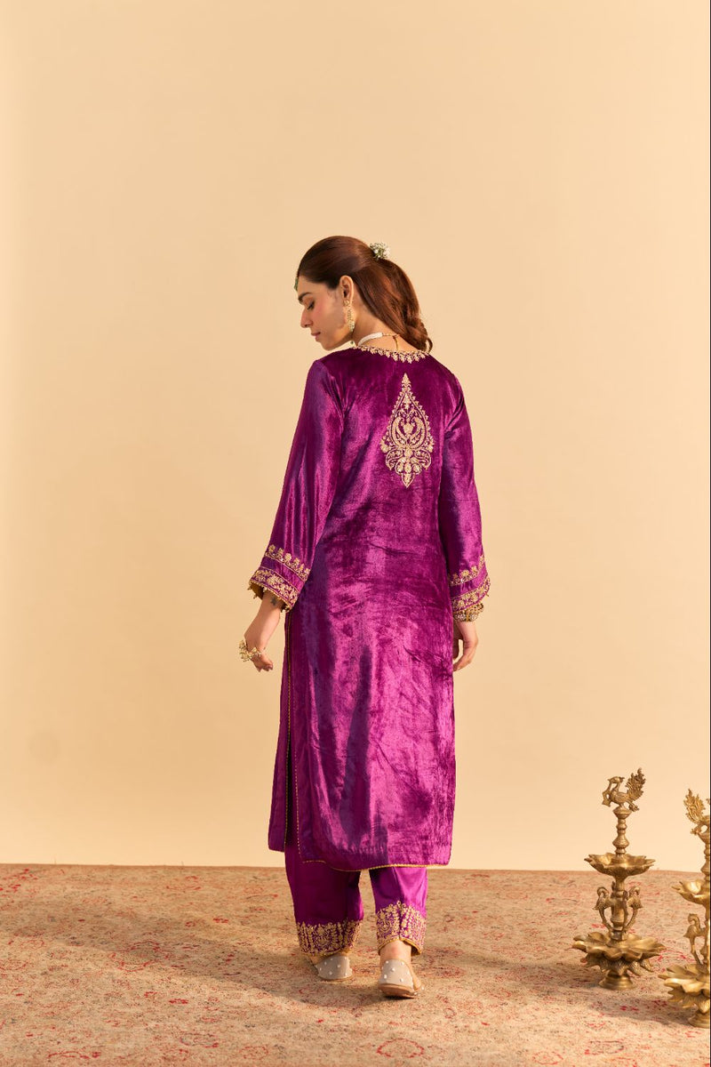 Fareeha - Deep Purple Kurta with Salwar and Dupatta silk by SHEETAL BATRA in purple color for women Worldwide