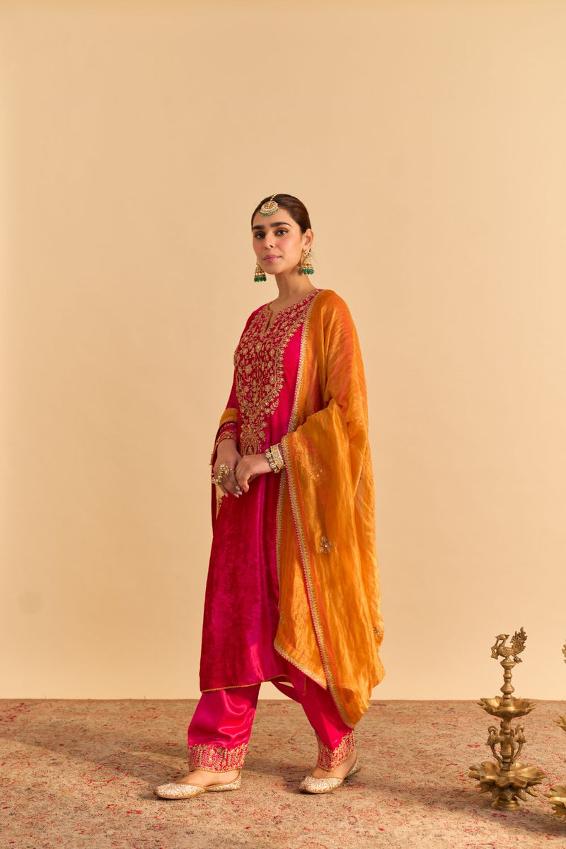 Fareeha - Hotpink Kurta with Salwar and Dupatta silk by SHEETAL BATRA in pink color for women Worldwide