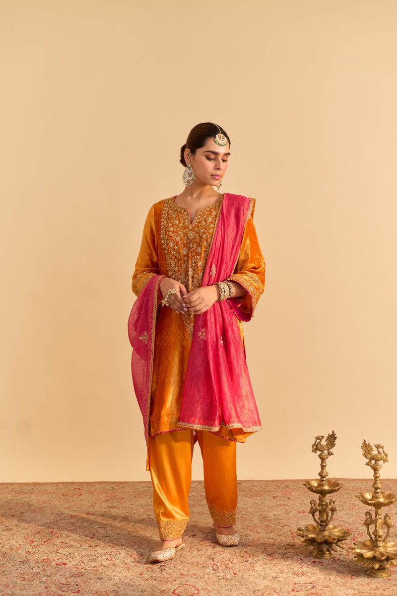 Fareeha - Orange Kurta with Salwar and Dupatta by SHEETAL BATRA for women Worldwide