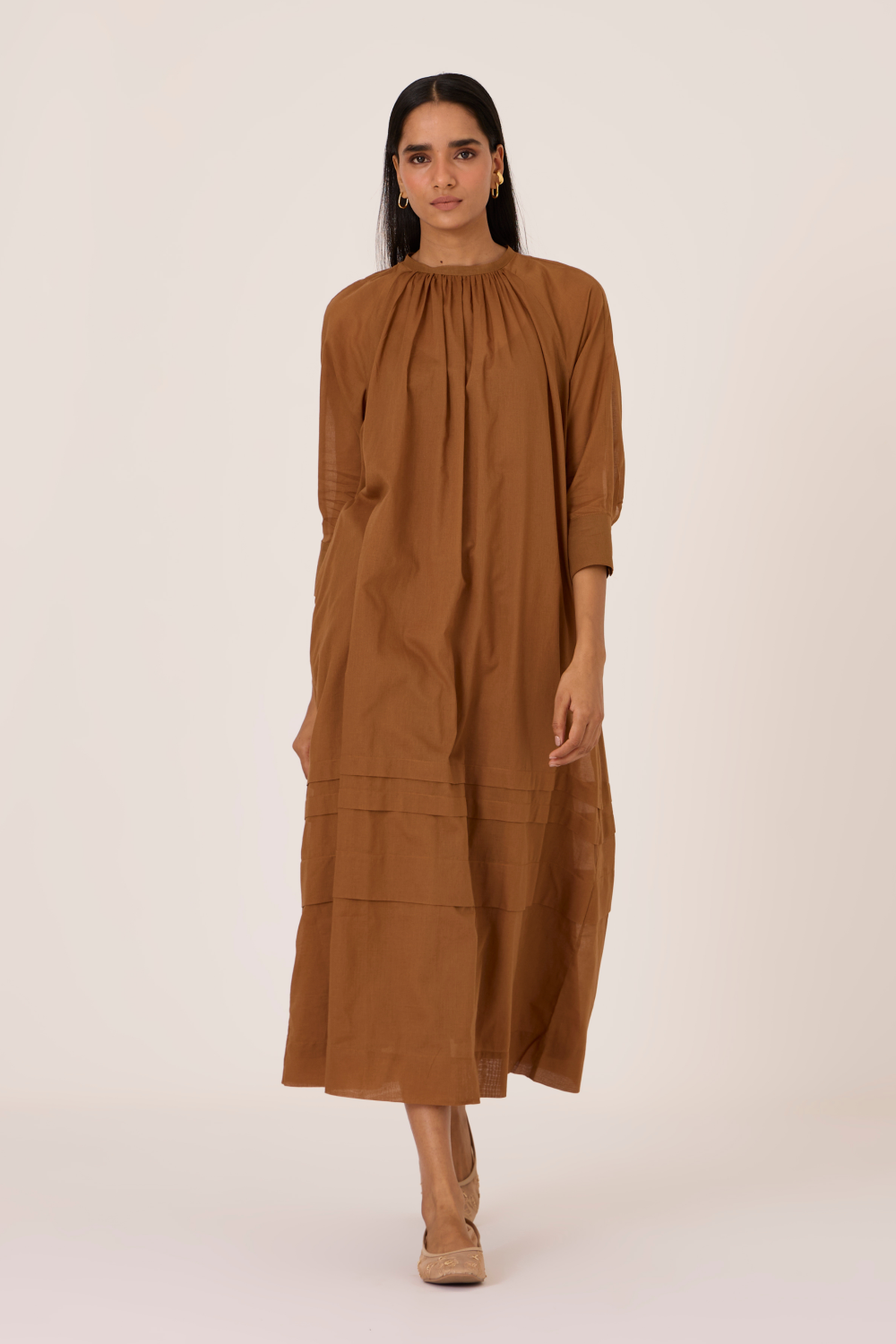 Fares Brown Gathered Dress