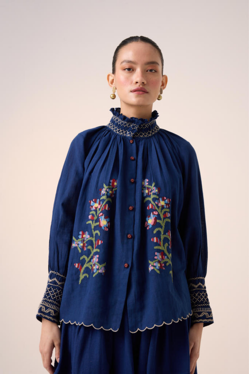 FARMER TOP -BLUE PIXEL EMBROIDERY cotton by CORD in multi for women Worldwide