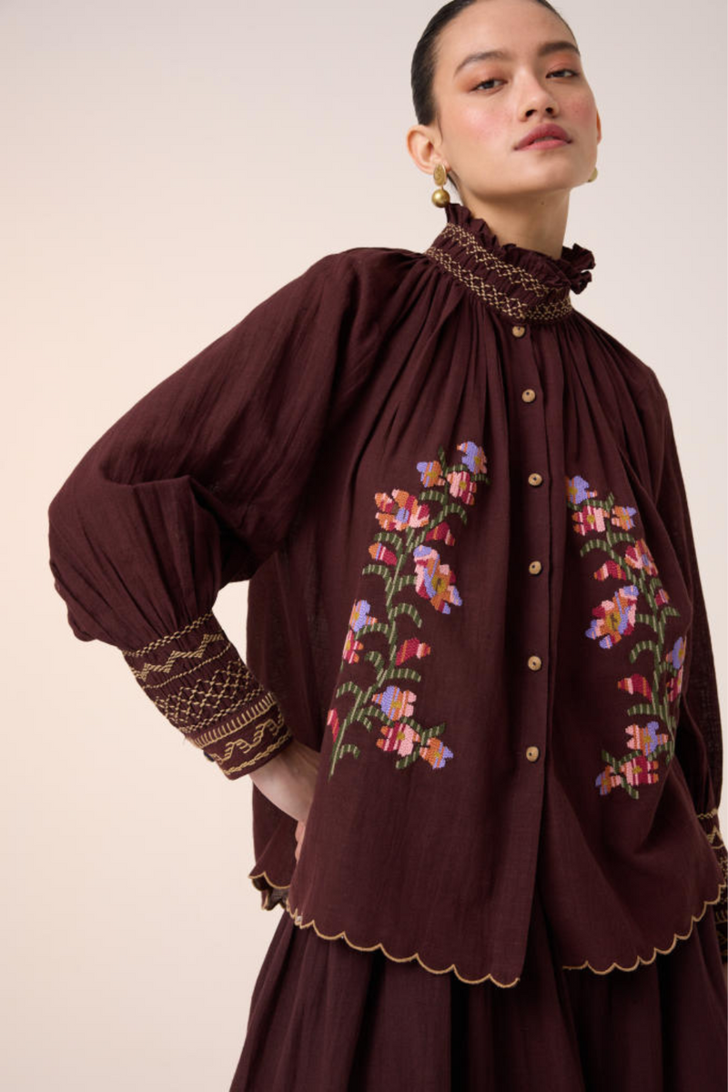 FARMER TOP -MAROON PIXEL EMBROIDERY cotton by CORD in multi for women Worldwide